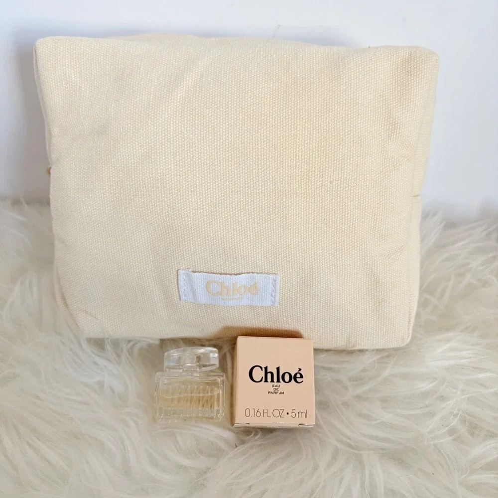 Chloe Parfums Cream Canvas Cosmetic Bag and 5ml Mini Eau de Parfum Set